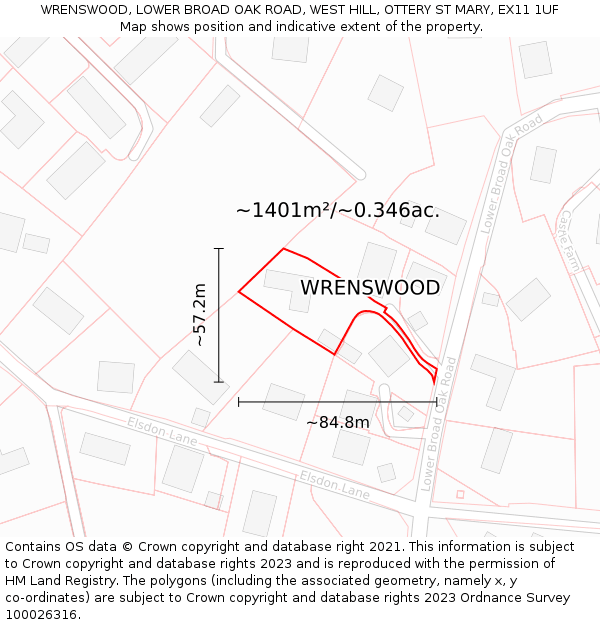 WRENSWOOD, LOWER BROAD OAK ROAD, WEST HILL, OTTERY ST MARY, EX11 1UF: Plot and title map