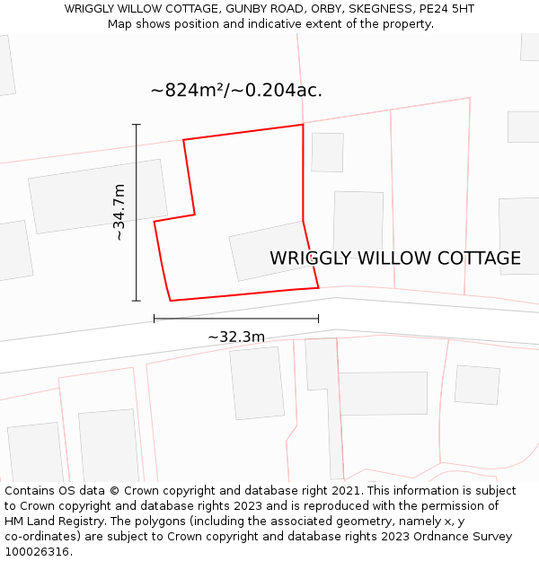 WRIGGLY WILLOW COTTAGE, GUNBY ROAD, ORBY, SKEGNESS, PE24 5HT: Plot and title map