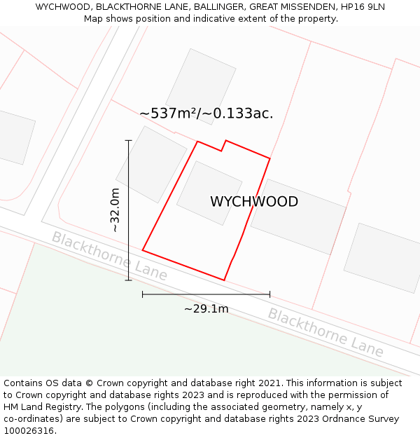 WYCHWOOD, BLACKTHORNE LANE, BALLINGER, GREAT MISSENDEN, HP16 9LN: Plot and title map