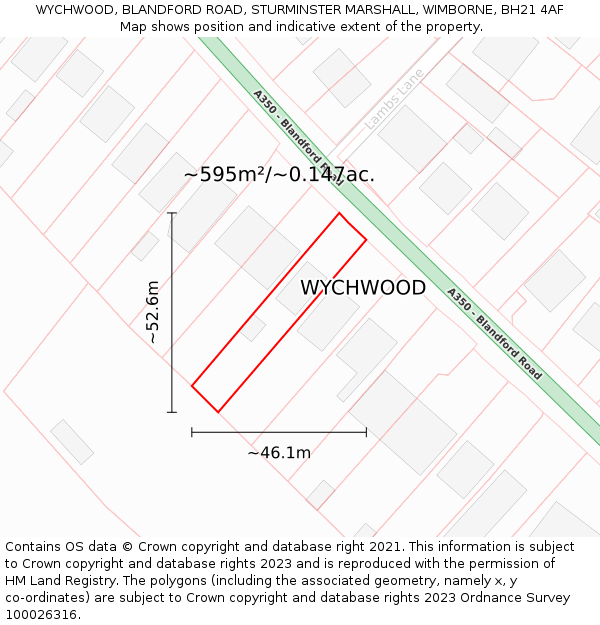 WYCHWOOD, BLANDFORD ROAD, STURMINSTER MARSHALL, WIMBORNE, BH21 4AF: Plot and title map