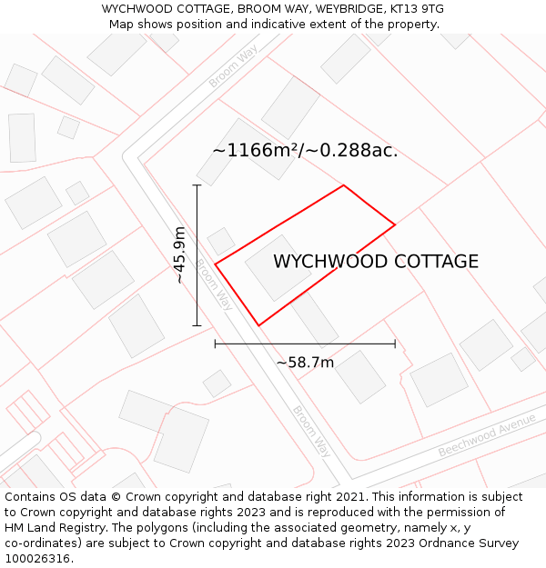 WYCHWOOD COTTAGE, BROOM WAY, WEYBRIDGE, KT13 9TG: Plot and title map