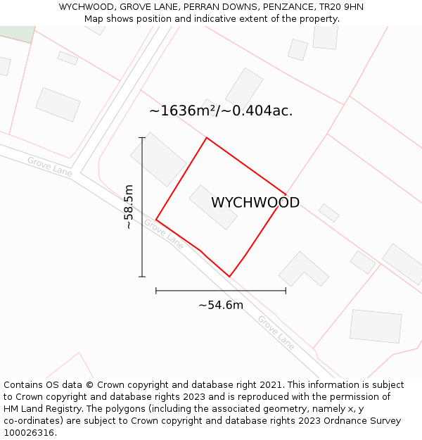 WYCHWOOD, GROVE LANE, PERRAN DOWNS, PENZANCE, TR20 9HN: Plot and title map