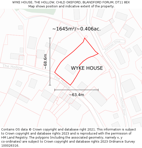 WYKE HOUSE, THE HOLLOW, CHILD OKEFORD, BLANDFORD FORUM, DT11 8EX: Plot and title map