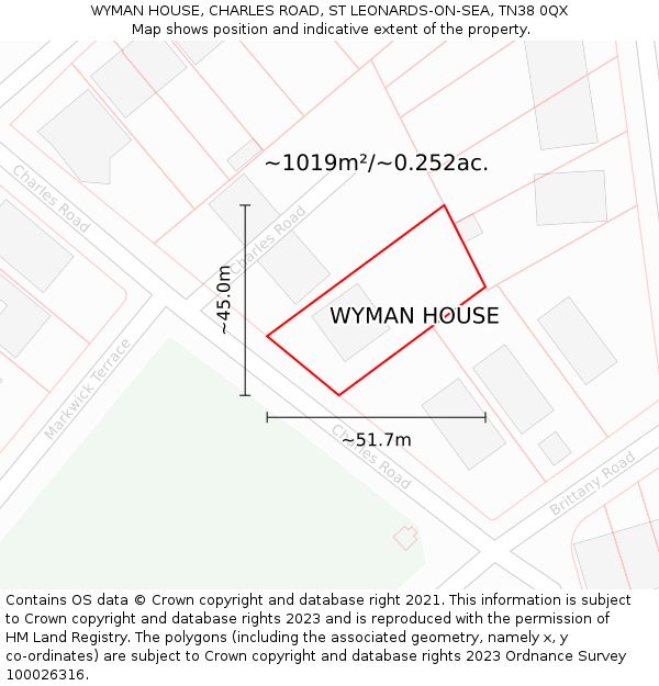 WYMAN HOUSE, CHARLES ROAD, ST LEONARDS-ON-SEA, TN38 0QX: Plot and title map