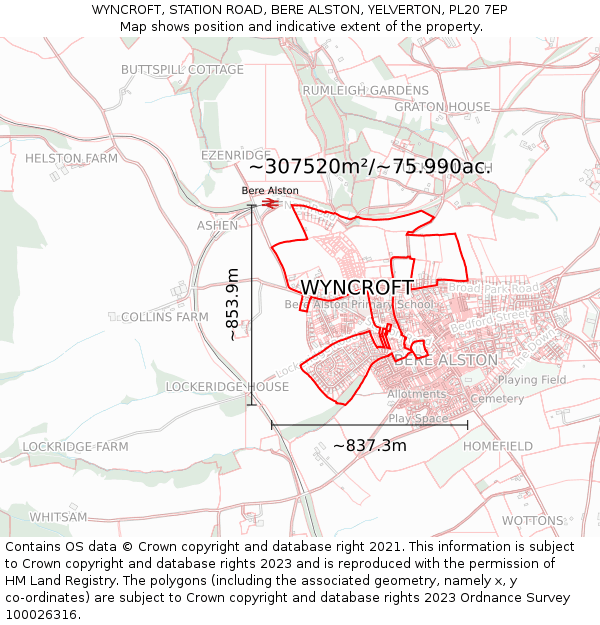 WYNCROFT, STATION ROAD, BERE ALSTON, YELVERTON, PL20 7EP: Plot and title map