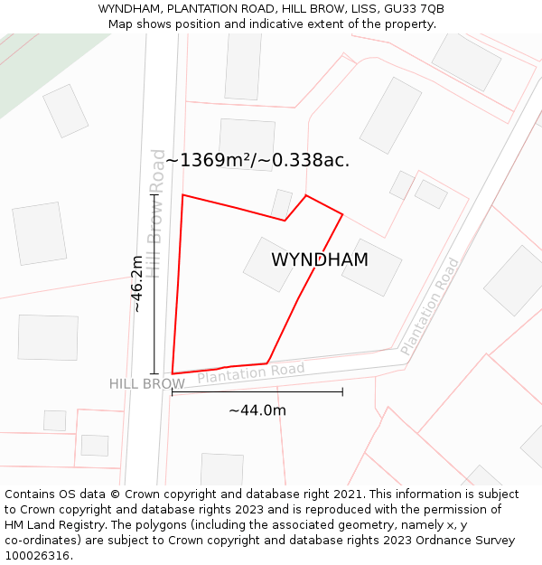 WYNDHAM, PLANTATION ROAD, HILL BROW, LISS, GU33 7QB: Plot and title map