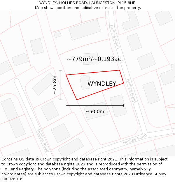 WYNDLEY, HOLLIES ROAD, LAUNCESTON, PL15 8HB: Plot and title map