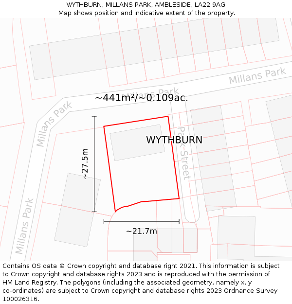 WYTHBURN, MILLANS PARK, AMBLESIDE, LA22 9AG: Plot and title map