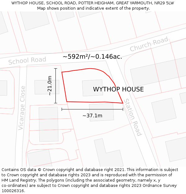 WYTHOP HOUSE, SCHOOL ROAD, POTTER HEIGHAM, GREAT YARMOUTH, NR29 5LW: Plot and title map