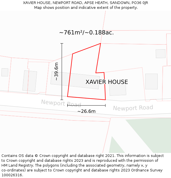 XAVIER HOUSE, NEWPORT ROAD, APSE HEATH, SANDOWN, PO36 0JR: Plot and title map