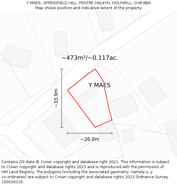 Y MAES, SPRINGFIELD HILL, PENTRE HALKYN, HOLYWELL, CH8 8BA: Plot and title map