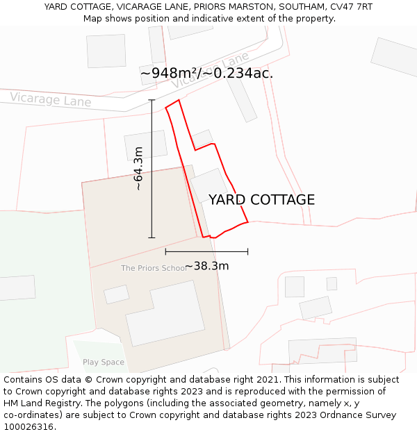 YARD COTTAGE, VICARAGE LANE, PRIORS MARSTON, SOUTHAM, CV47 7RT: Plot and title map