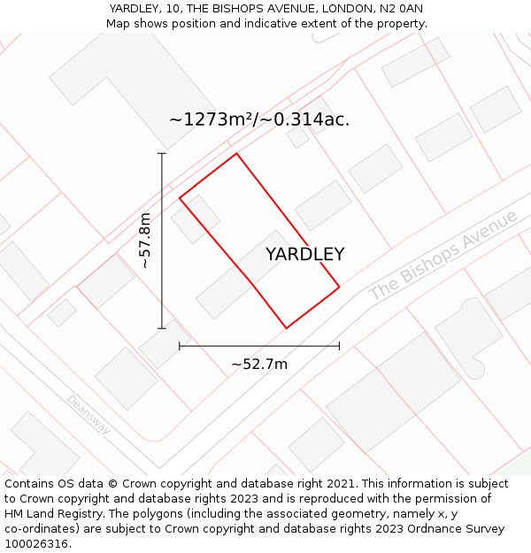YARDLEY, 10, THE BISHOPS AVENUE, LONDON, N2 0AN: Plot and title map