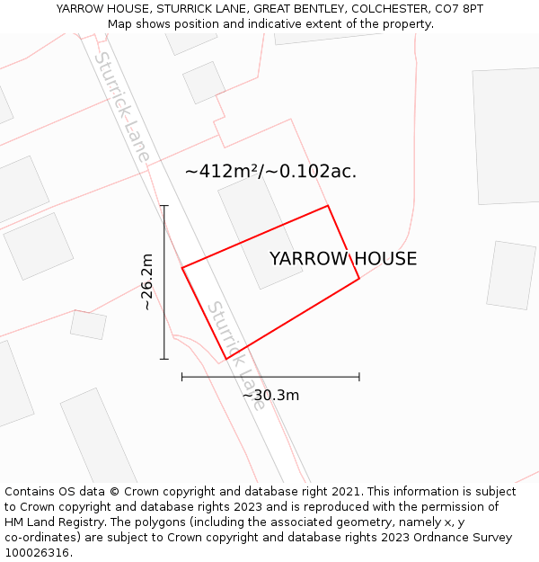 YARROW HOUSE, STURRICK LANE, GREAT BENTLEY, COLCHESTER, CO7 8PT: Plot and title map