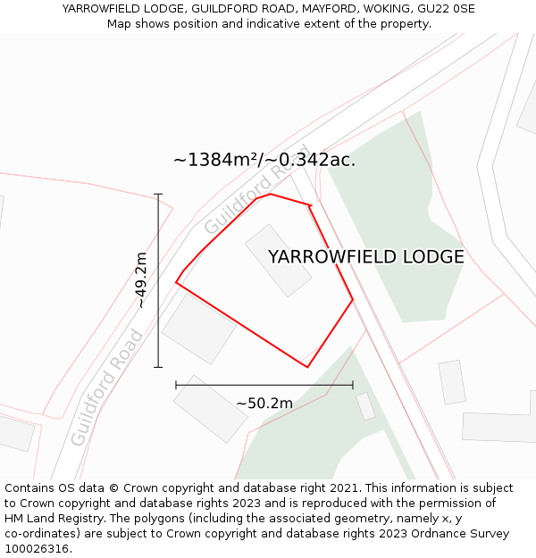 YARROWFIELD LODGE, GUILDFORD ROAD, MAYFORD, WOKING, GU22 0SE: Plot and title map