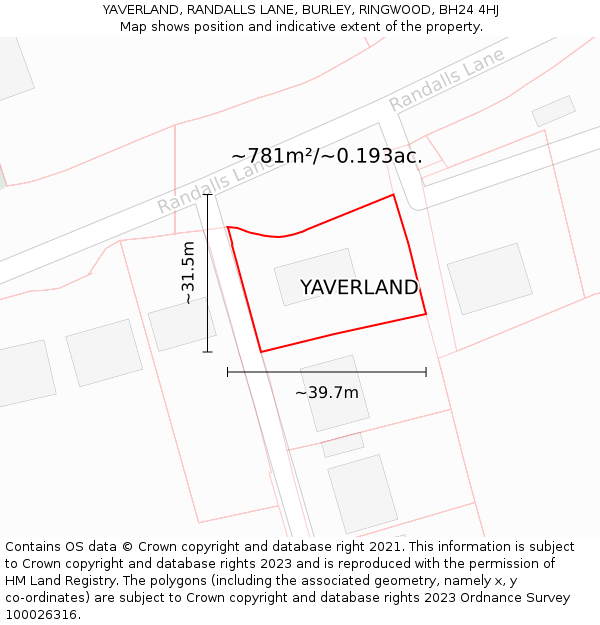 YAVERLAND, RANDALLS LANE, BURLEY, RINGWOOD, BH24 4HJ: Plot and title map