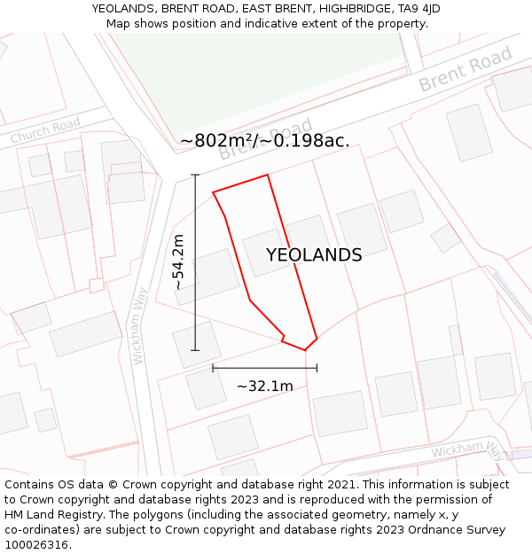 YEOLANDS, BRENT ROAD, EAST BRENT, HIGHBRIDGE, TA9 4JD: Plot and title map