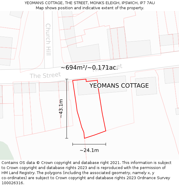 YEOMANS COTTAGE, THE STREET, MONKS ELEIGH, IPSWICH, IP7 7AU: Plot and title map