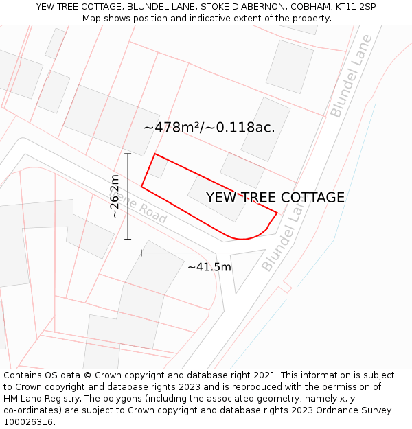 YEW TREE COTTAGE, BLUNDEL LANE, STOKE D'ABERNON, COBHAM, KT11 2SP: Plot and title map