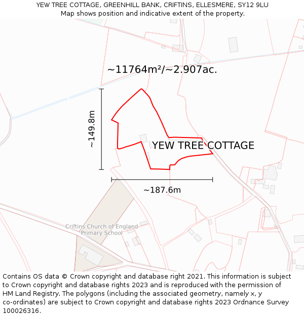 YEW TREE COTTAGE, GREENHILL BANK, CRIFTINS, ELLESMERE, SY12 9LU: Plot and title map