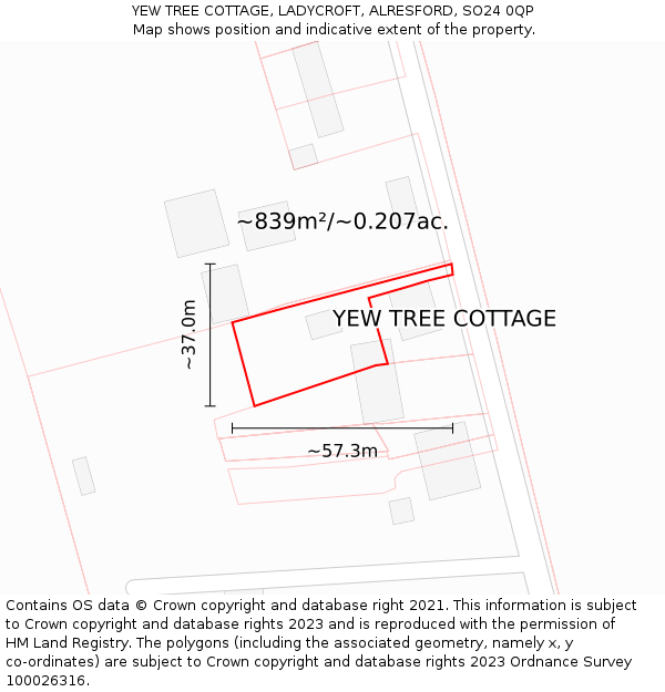 YEW TREE COTTAGE, LADYCROFT, ALRESFORD, SO24 0QP: Plot and title map