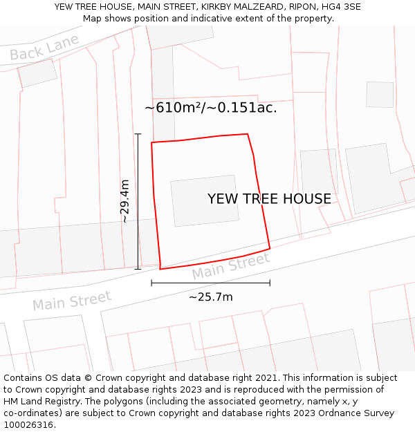 YEW TREE HOUSE, MAIN STREET, KIRKBY MALZEARD, RIPON, HG4 3SE: Plot and title map