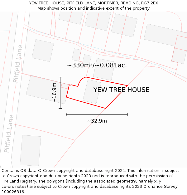 YEW TREE HOUSE, PITFIELD LANE, MORTIMER, READING, RG7 2EX: Plot and title map
