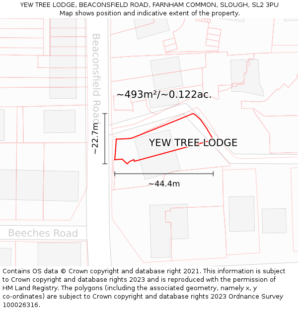 YEW TREE LODGE, BEACONSFIELD ROAD, FARNHAM COMMON, SLOUGH, SL2 3PU: Plot and title map