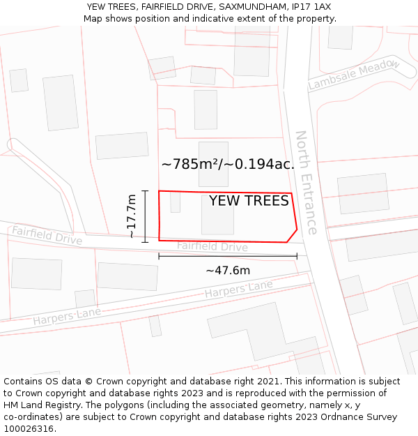 YEW TREES, FAIRFIELD DRIVE, SAXMUNDHAM, IP17 1AX: Plot and title map