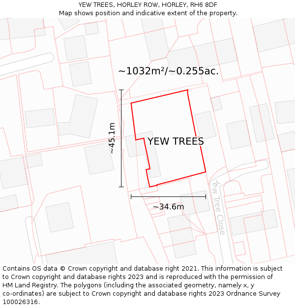 YEW TREES, HORLEY ROW, HORLEY, RH6 8DF: Plot and title map