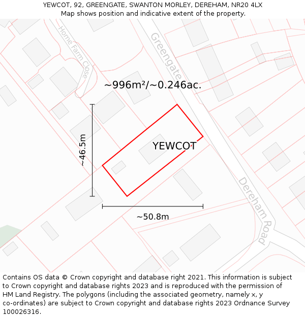 YEWCOT, 92, GREENGATE, SWANTON MORLEY, DEREHAM, NR20 4LX: Plot and title map