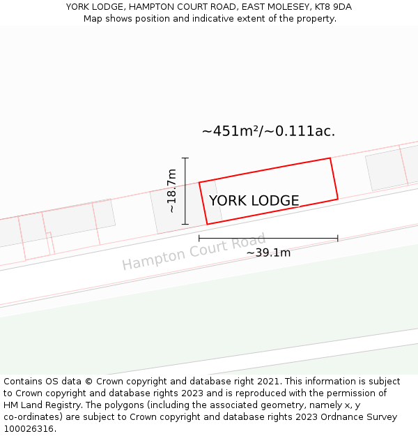 YORK LODGE, HAMPTON COURT ROAD, EAST MOLESEY, KT8 9DA: Plot and title map