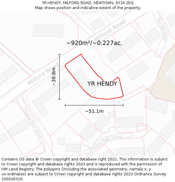 YR HENDY, MILFORD ROAD, NEWTOWN, SY16 2EQ: Plot and title map