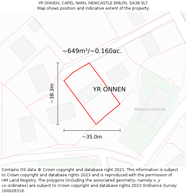 YR ONNEN, CAPEL IWAN, NEWCASTLE EMLYN, SA38 9LT: Plot and title map