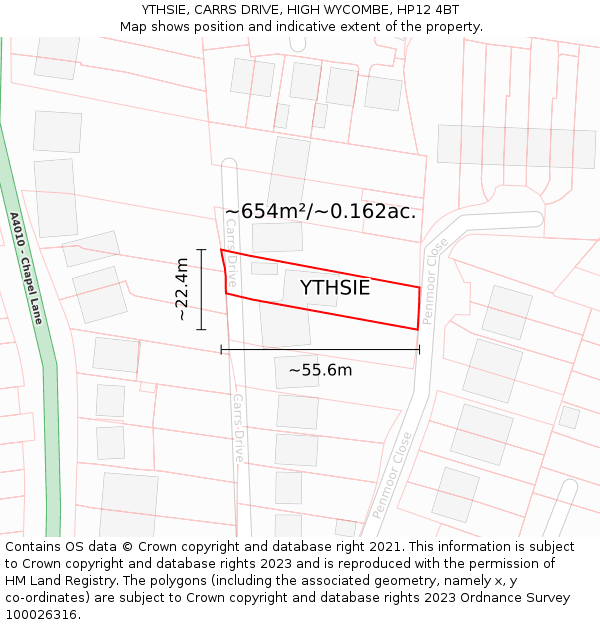 YTHSIE, CARRS DRIVE, HIGH WYCOMBE, HP12 4BT: Plot and title map