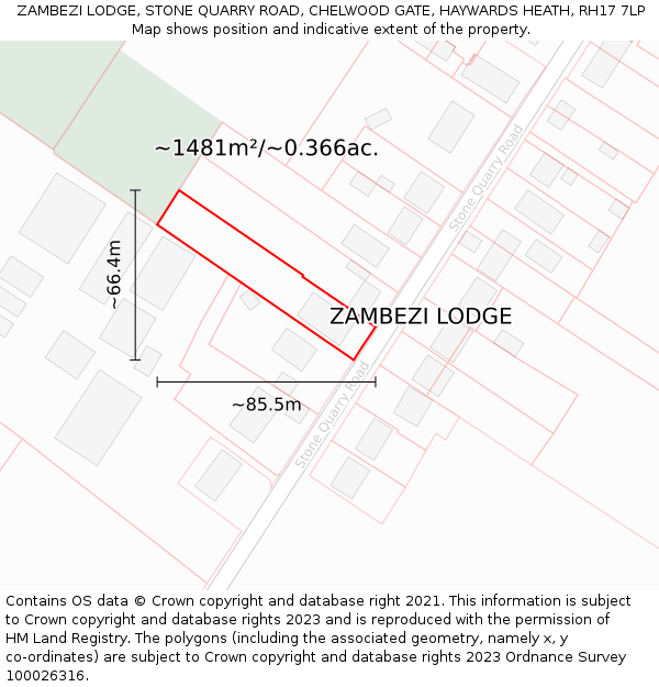 ZAMBEZI LODGE, STONE QUARRY ROAD, CHELWOOD GATE, HAYWARDS HEATH, RH17 7LP: Plot and title map