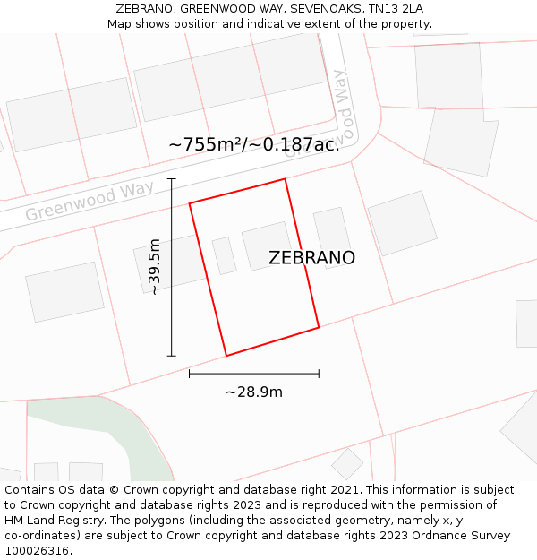 ZEBRANO, GREENWOOD WAY, SEVENOAKS, TN13 2LA: Plot and title map