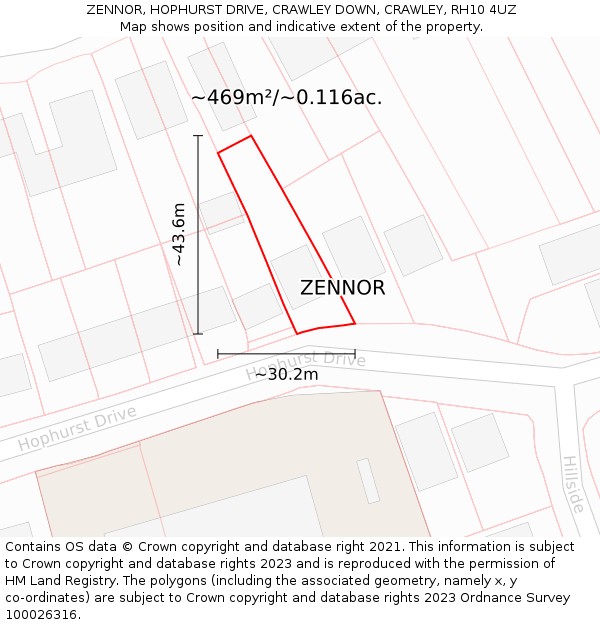 ZENNOR, HOPHURST DRIVE, CRAWLEY DOWN, CRAWLEY, RH10 4UZ: Plot and title map