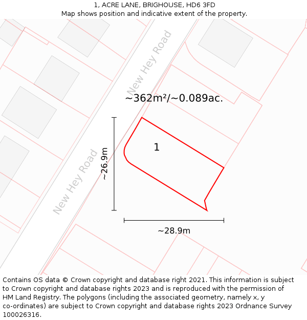 1, ACRE LANE, BRIGHOUSE, HD6 3FD: Plot and title map