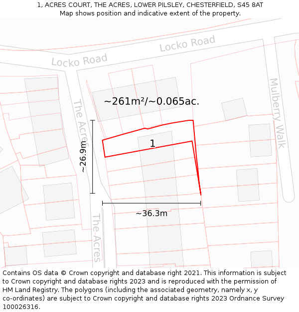 1, ACRES COURT, THE ACRES, LOWER PILSLEY, CHESTERFIELD, S45 8AT: Plot and title map