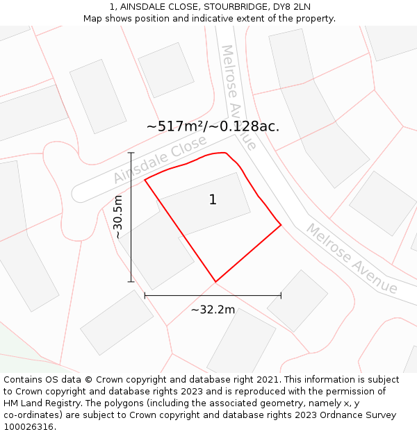 1, AINSDALE CLOSE, STOURBRIDGE, DY8 2LN: Plot and title map