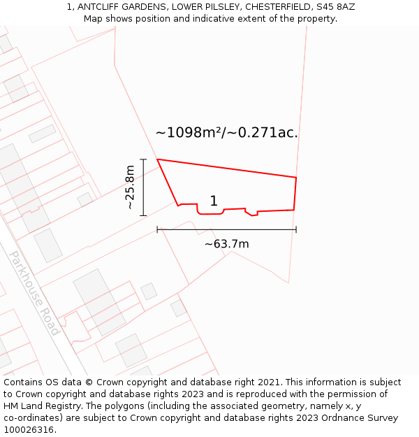 1, ANTCLIFF GARDENS, LOWER PILSLEY, CHESTERFIELD, S45 8AZ: Plot and title map