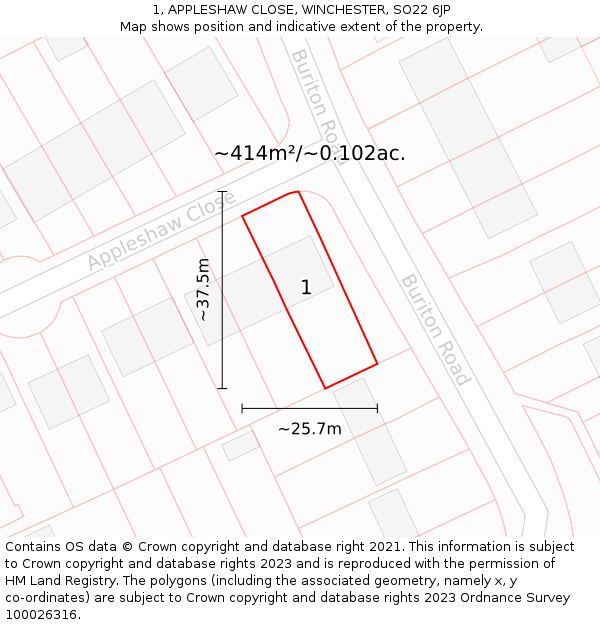 1, APPLESHAW CLOSE, WINCHESTER, SO22 6JP: Plot and title map