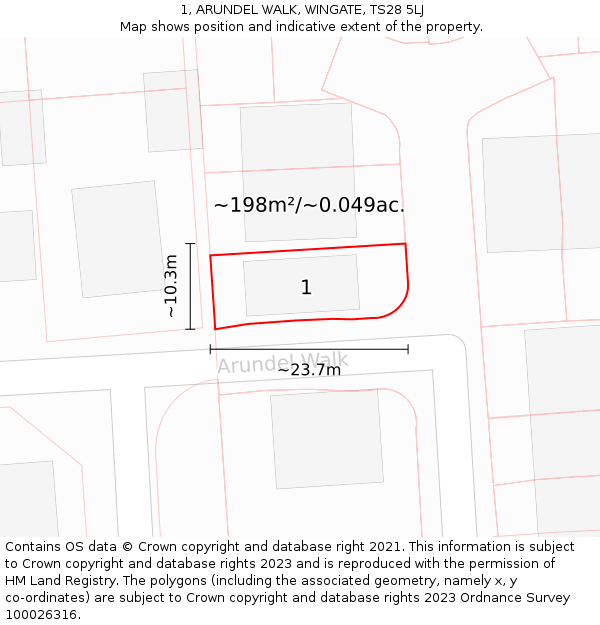 1, ARUNDEL WALK, WINGATE, TS28 5LJ: Plot and title map