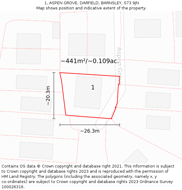 1, ASPEN GROVE, DARFIELD, BARNSLEY, S73 9JN: Plot and title map