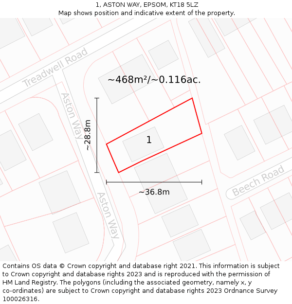 1, ASTON WAY, EPSOM, KT18 5LZ: Plot and title map