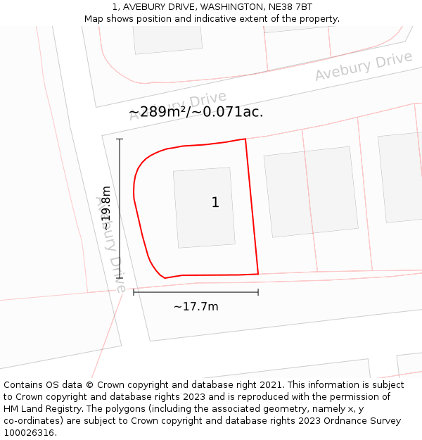 1, AVEBURY DRIVE, WASHINGTON, NE38 7BT: Plot and title map