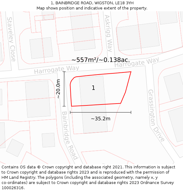 1, BAINBRIDGE ROAD, WIGSTON, LE18 3YH: Plot and title map