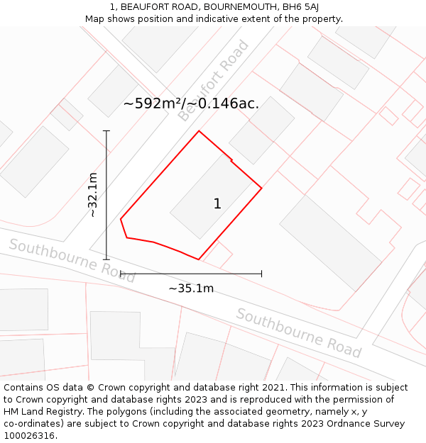 1, BEAUFORT ROAD, BOURNEMOUTH, BH6 5AJ: Plot and title map