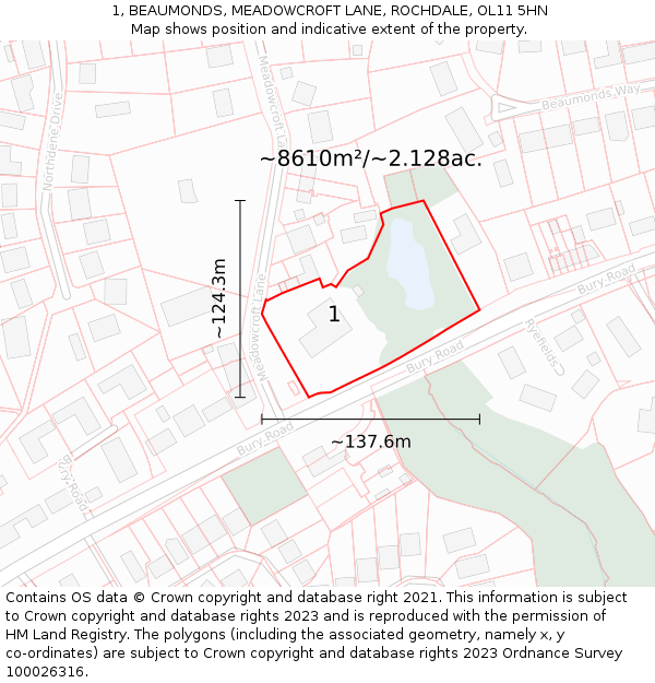 1, BEAUMONDS, MEADOWCROFT LANE, ROCHDALE, OL11 5HN: Plot and title map